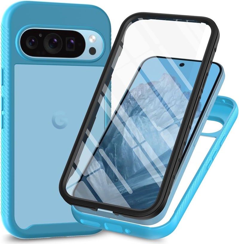زيني غطاء لهاتف Google Pixel 9 Pro/Pixel 9، حماية صدمات 360 درجة مع حماية شاملة وواقي شاشة مدمج، غطاء خارجي متين بإطار، أزرق فاتح - Image 1