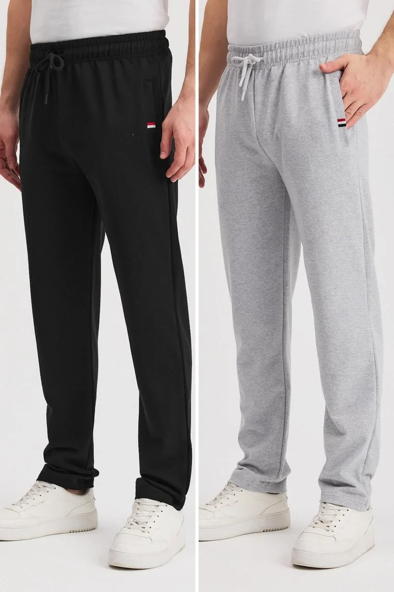 ميتاليك Black-Anthracite Men's Zippered Pocket Embroidery Detailed Straight Leg Relaxed Cut Daily 2-Pack Sweatpants MTLCE107