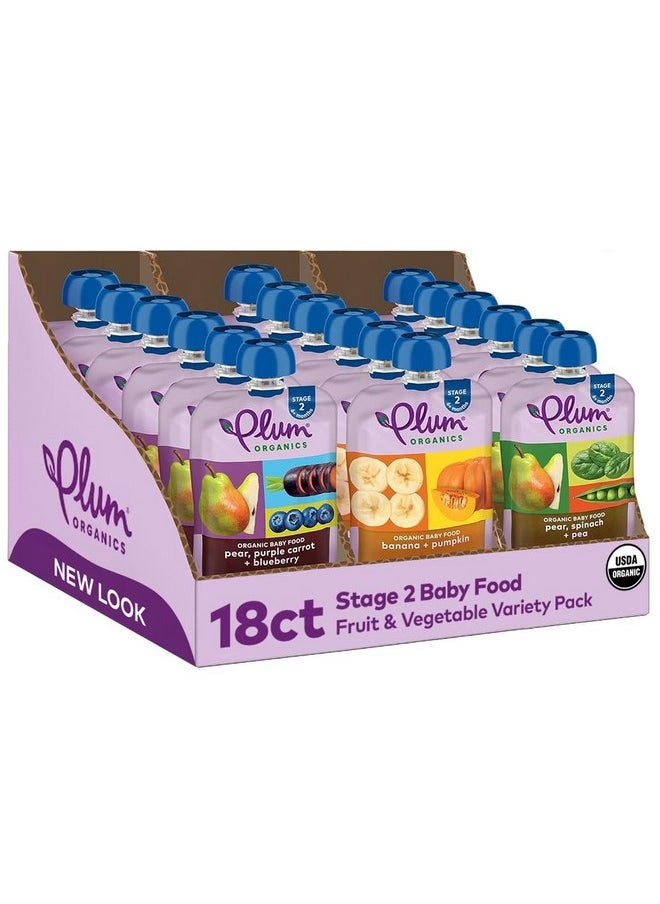بلام أورجانيكس طعام الأطفال العضوي من Plum Organics المرحلة 2 - عبوة متنوعة من الفواكه والخضروات - كيس 4 أونصة (عبوة من 18 كيسًا) - كيس طعام الأطفال العضوي من الفواكه والخضروات  - Image 1
