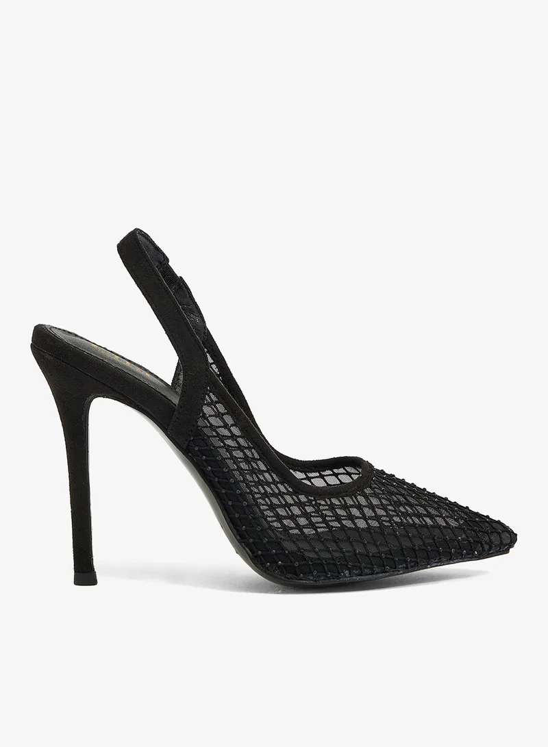 black mesh upper sling back with stones