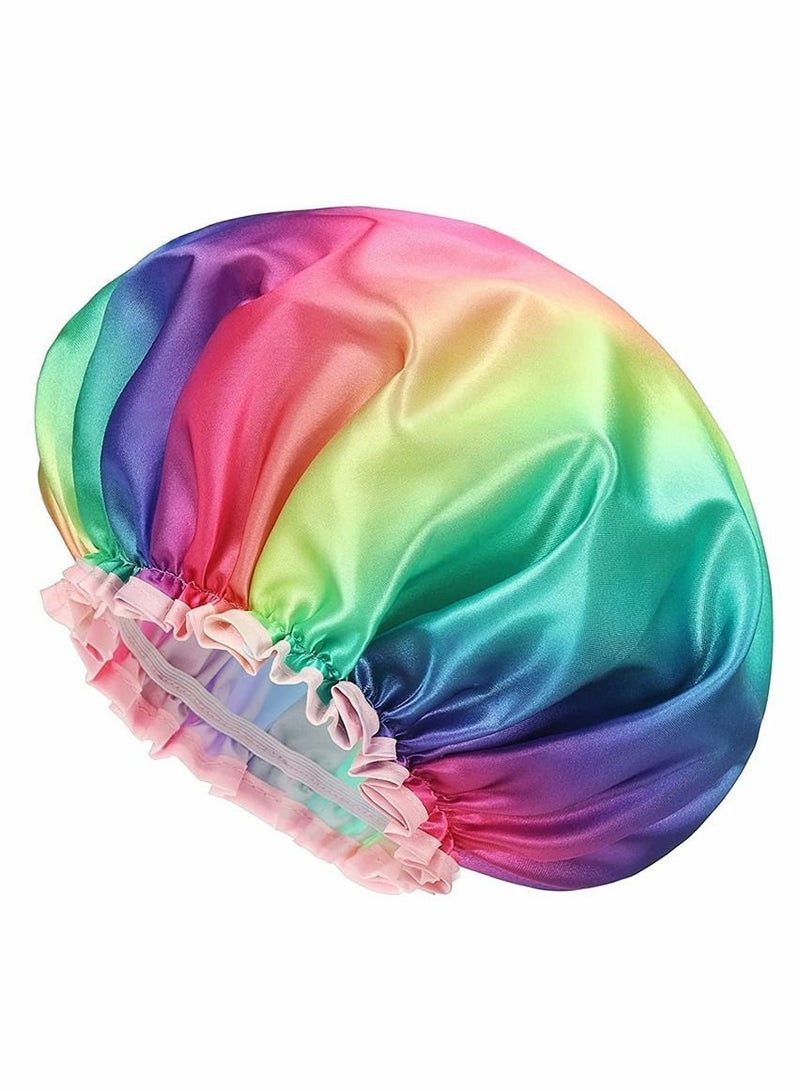 2 Pack Shower Cap Rainbow Series Double Waterproof Hair Protection Reusable Soft PVC Lining Bath Washable Caps for Natural Women Girls and Kids - Image 1