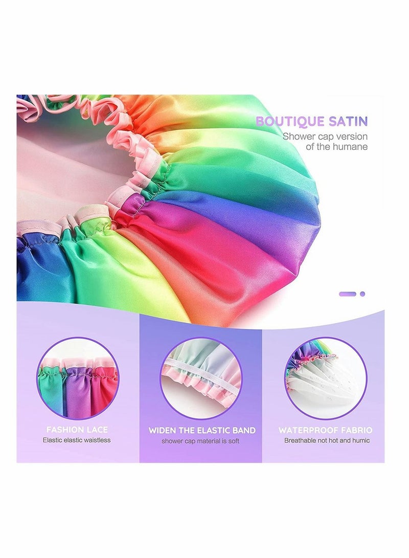 2 Pack Shower Cap Rainbow Series Double Waterproof Hair Protection Reusable Soft PVC Lining Bath Washable Caps for Natural Women Girls and Kids - Image 2