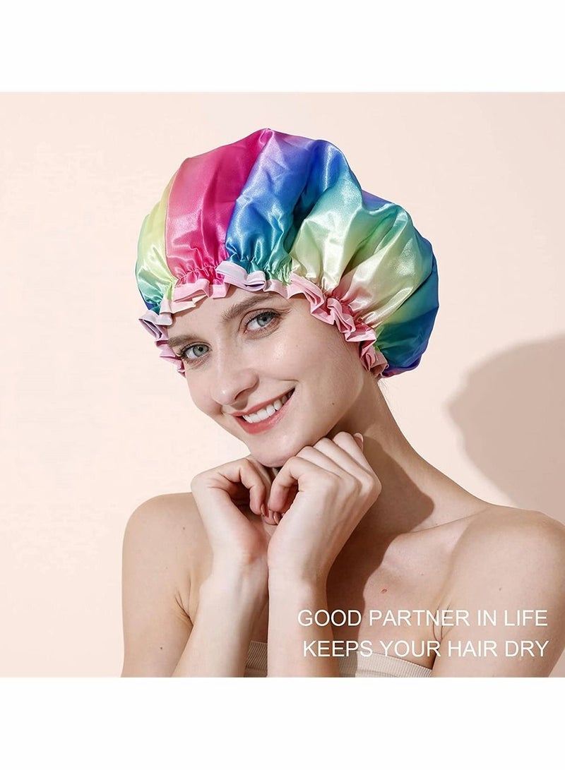 2 Pack Shower Cap Rainbow Series Double Waterproof Hair Protection Reusable Soft PVC Lining Bath Washable Caps for Natural Women Girls and Kids - Image 5