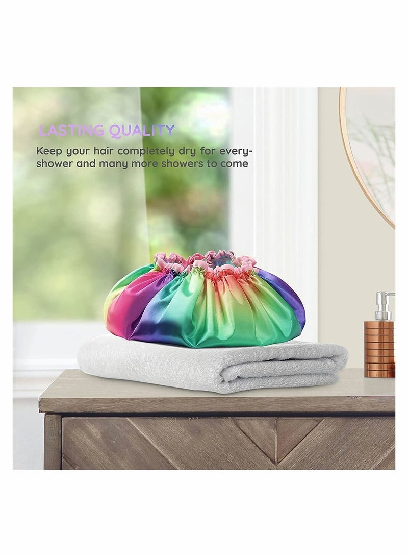 2 Pack Shower Cap Rainbow Series Double Waterproof Hair Protection Reusable Soft PVC Lining Bath Washable Caps for Natural Women Girls and Kids - Image 4
