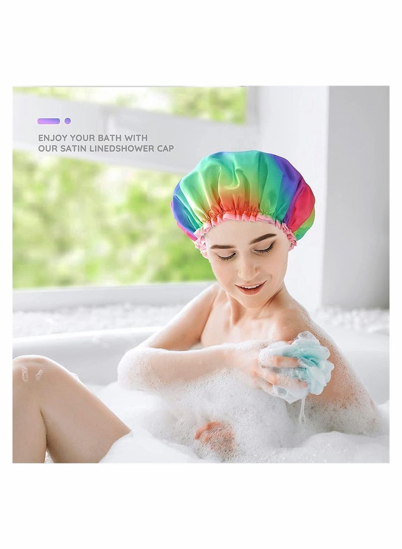 2 Pack Shower Cap Rainbow Series Double Waterproof Hair Protection Reusable Soft PVC Lining Bath Washable Caps for Natural Women Girls and Kids - Image 3