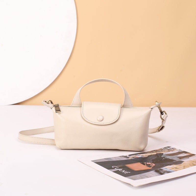 New Hand-carried Vegetable Tanning Top Layer Imported Cowhide Dumplings Dragon Inlay Simple Shoulder Crossbody Small Bag White