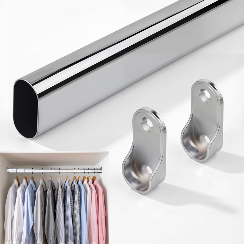 FIRJOY Adjustable Oval Closet Rod with End Supports, Heavy Duty Carbon Steel Wardrobe Rod (Chrome, 17.5" - 29.5") - Image 1