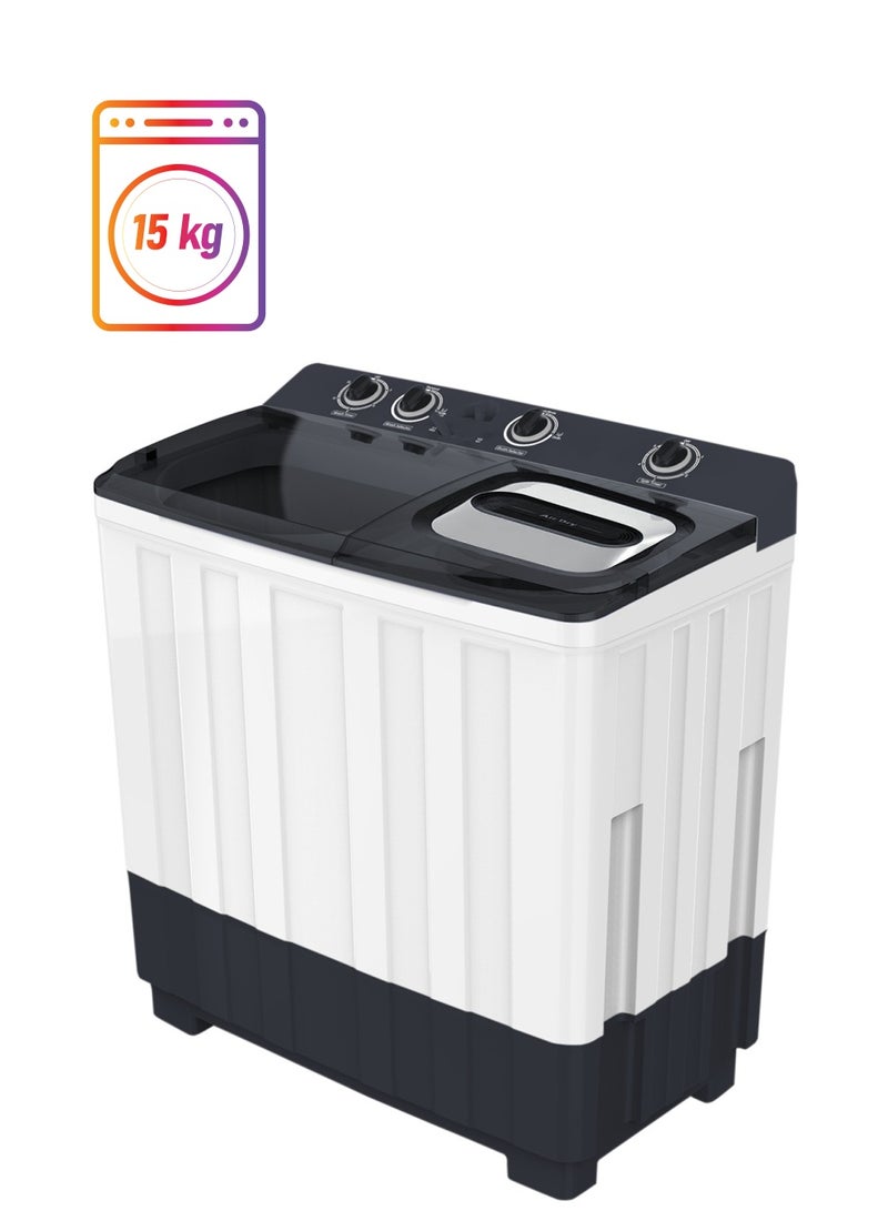 TORNADO Twin Tub washing machine 15KG Wash / 8.5KG Spin , Semi-Automatic – Transparent Lid, 4 Knobs, Low Base – Powerful & Energy-Efficient – TWK-TN15WOXSK