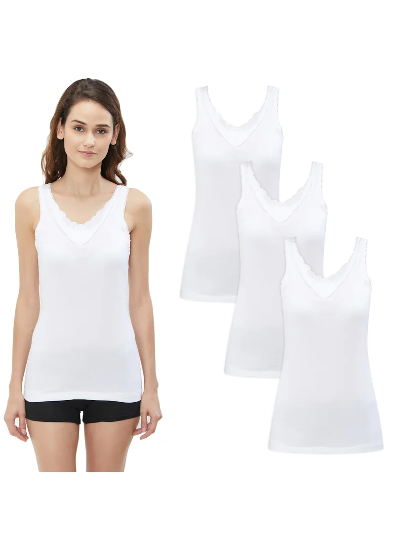 BYC WOMEN'S COTTON VEST WITH LACE DESIGN (PACK OF 3) - WHITE