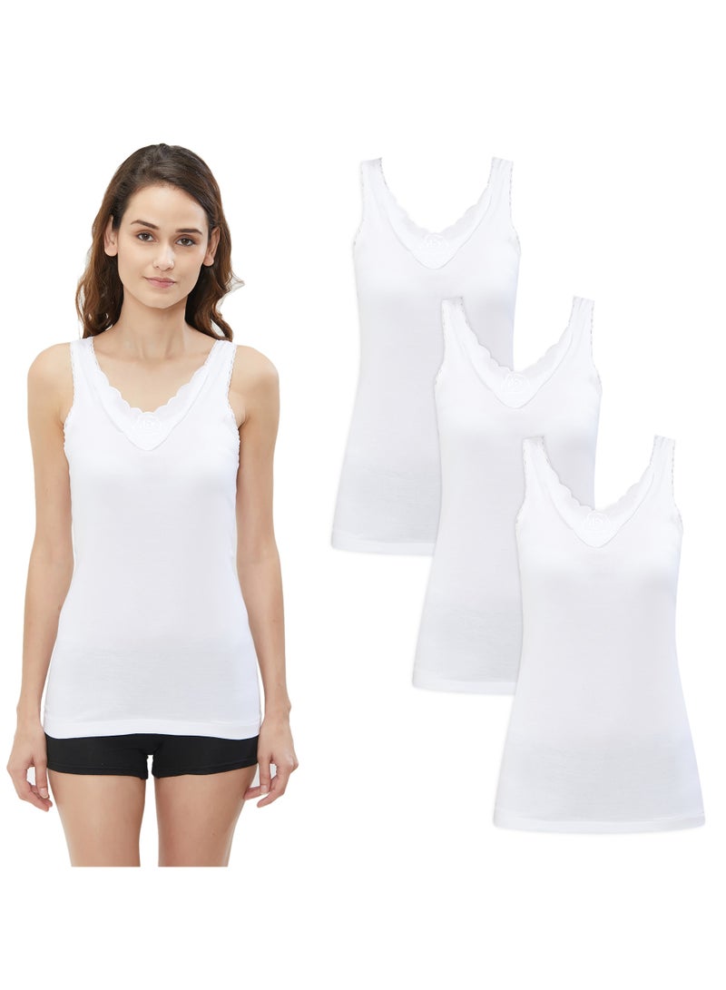 BYC WOMEN'S COTTON VEST WITH LACE DESIGN (PACK OF 3) - WHITE  - Image 1