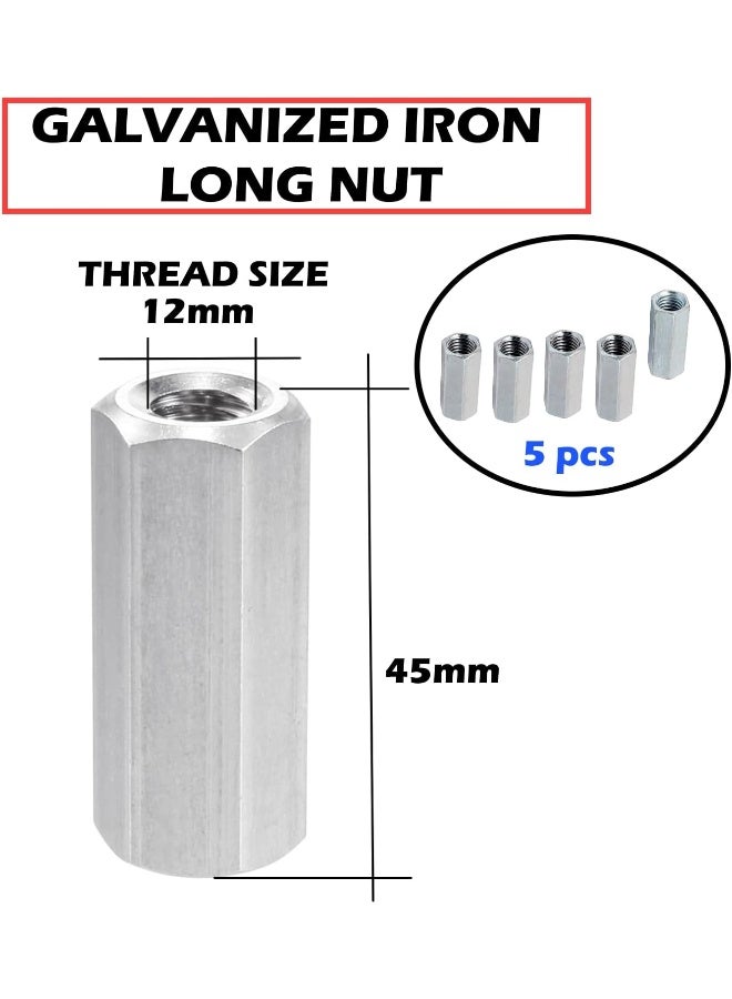 Poaker Galvanized Iron Threaded Long Nut Â‚¬Â€Œ Hexagonal Sleeve Coupling For Bolts Rods Studs And Screws Corrosion-Resistant Ideal For Industrial And Construction Use 12Mm 5 Pcs  - Image 2