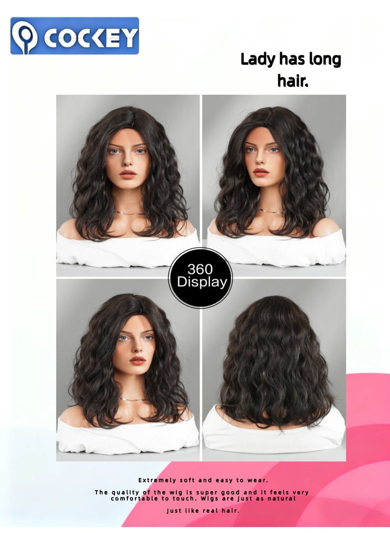 COCKEY Black tea-colored wavy wig is a 16-inch short should-length Bob wig with a curly middle part for women. It looks natural. The synthetic heat-resistant fiber wig is suitable for daily gatherings - Image 3