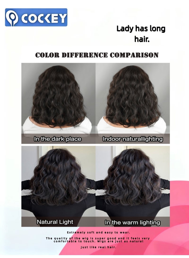 COCKEY Black tea-colored wavy wig is a 16-inch short should-length Bob wig with a curly middle part for women. It looks natural. The synthetic heat-resistant fiber wig is suitable for daily gatherings - Image 4