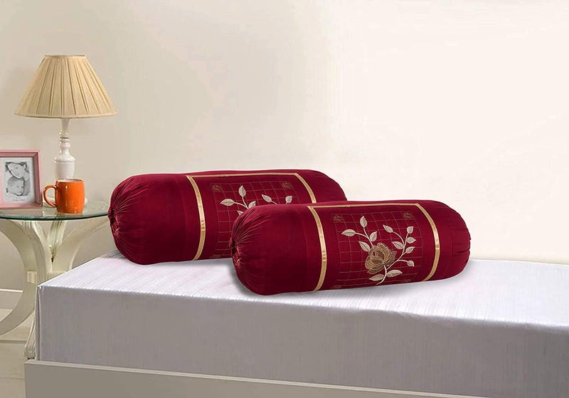 HSR Collection Cotton Bolster Cover 2 Piece Rose Design Embroidery - Maroon - Image 5