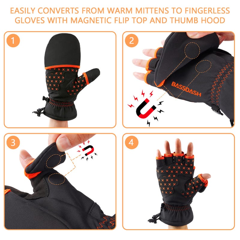 BASSDASH WinteFlex Insulated Ice Fishing Mittens Cold Weather Fingerless Gloves Water Resistant for Men Women Hunting - Image 2
