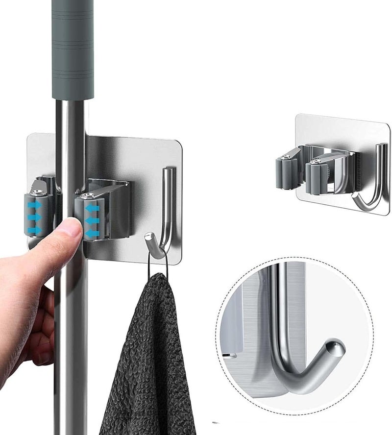 JIALTO 1 Pcs Broom Holder with Hook - Wall-Mounted Adhesive Storage Solution for Broom Holders, Home, and Kitchen Organization Mop Handles & Mop Holder Silver - Image 1