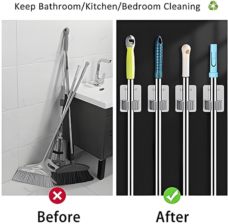 JIALTO 1 Pcs Broom Holder with Hook - Wall-Mounted Adhesive Storage Solution for Broom Holders, Home, and Kitchen Organization Mop Handles & Mop Holder Silver - Image 3