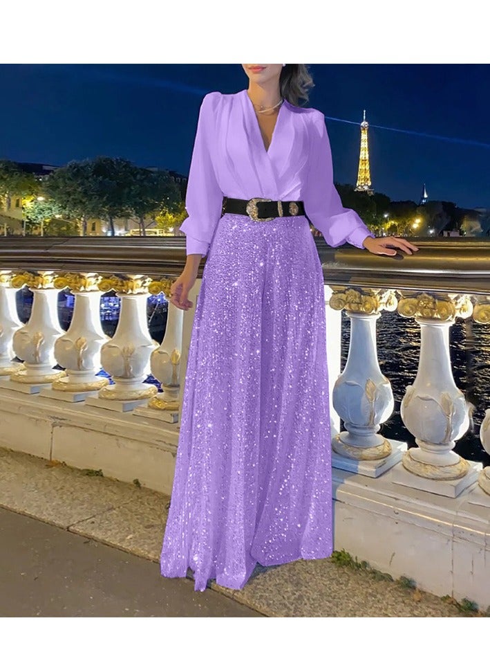 NIBEMINENT Fashionable V-neck Long-sleeved Shirt, Elegant And Graceful, Cinched Waist For Slimming, Sequined Wide-leg Pants - Image 1