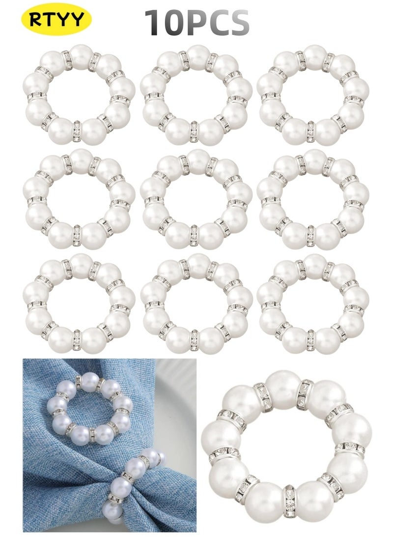 RTYY 10Pcs Pearl Napkin Rings Imitation Pearl Beaded Napkin Rings Holder Elegant Rhinestone Serviette Rings Silver napkin ring Buckle for Dinner Table Decoration Parties Weddings Receptions Supplies for Everyday or Formal Decor Home Dinner Party - Image 1