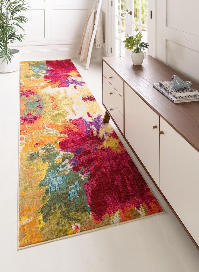 يونيك لوم سجادة أرضية عصرية من مجموعة إستريلا من يونيك لوم، بألوان زاهية، بتصاميم تجريدية وزهرية ومائية، بنمط عتيق، مقاس 2 قدم و8 بوصات × 10 أقدام، متعددة الألوان/وردية - Image 2