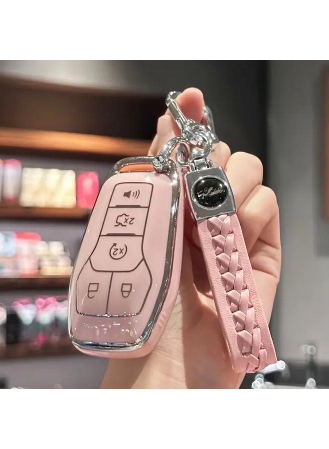 غطاء مفتاح وردي مع سلسلة مفاتيح لإكسسوارات التحكم الذكي عن بُعد للسيارات - Image 1