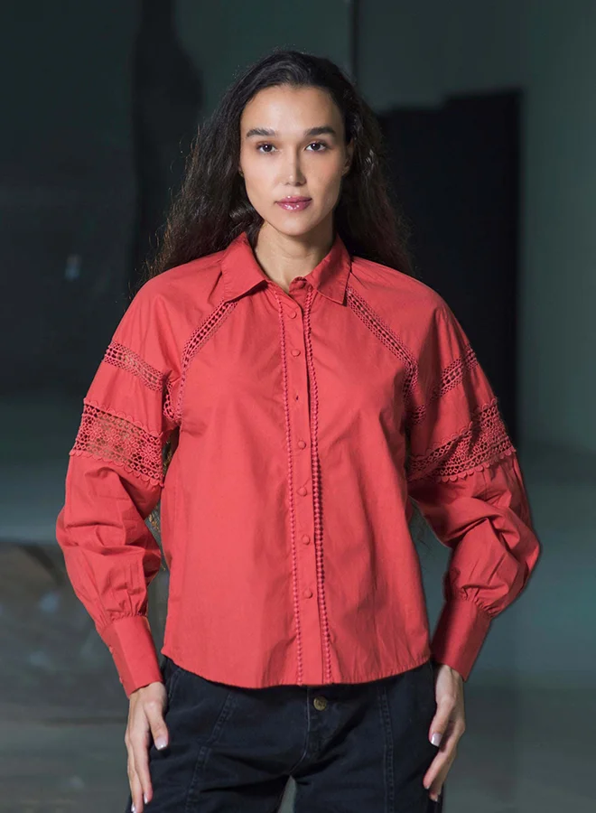 Virgio  VIRGIO 100% Cotton Shirt With Lace Detail Blouson Fit for Women | Best Price UAE