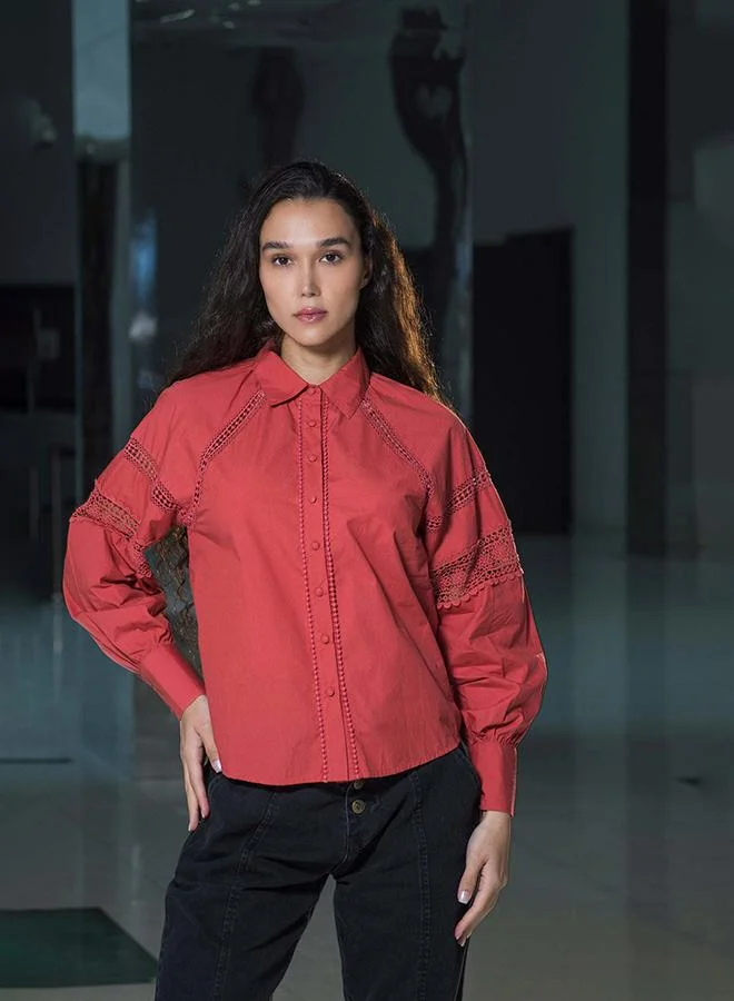 VIRGIO 100% Cotton Shirt With Lace Detail Blouson Fit