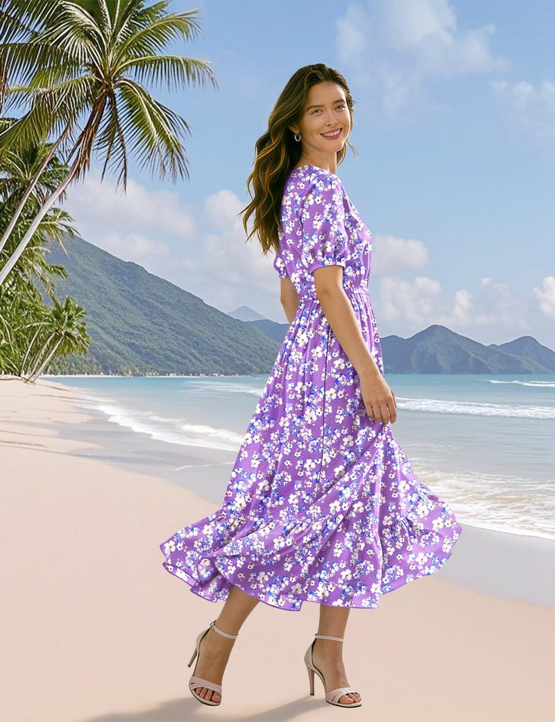 YESNO Women's Summer Floral Maxi Dresses Boho Puff Sleeve Casual Drawstring Ruffle Tiered Hem Beach Dress with Pockets ECS 2XL ECS CR345 - Image 5