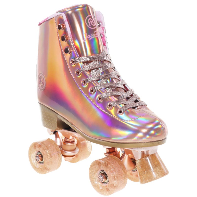 JajaHoho Roller Skates for Women, Holographic High Top PU Leather Rollerskates, Shiny Double-Row Four Pink Glitter Wheels Quad Skates Aluminum Baseplate Indoor Outdoor (Size 9, Rose Gold Professional) - Image 1