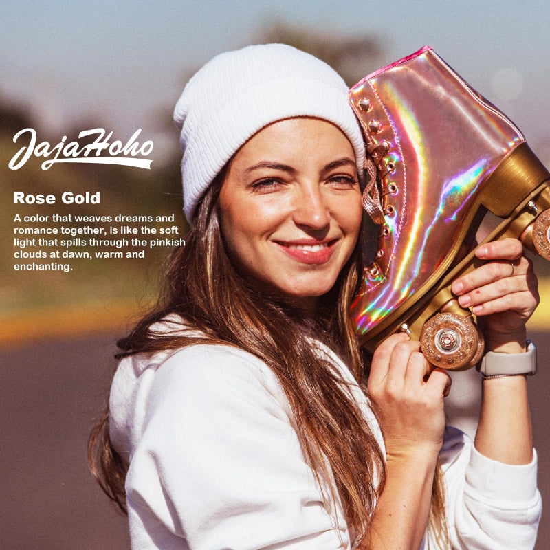 JajaHoho Roller Skates for Women, Holographic High Top PU Leather Rollerskates, Shiny Double-Row Four Pink Glitter Wheels Quad Skates Aluminum Baseplate Indoor Outdoor (Size 9, Rose Gold Professional) - Image 3