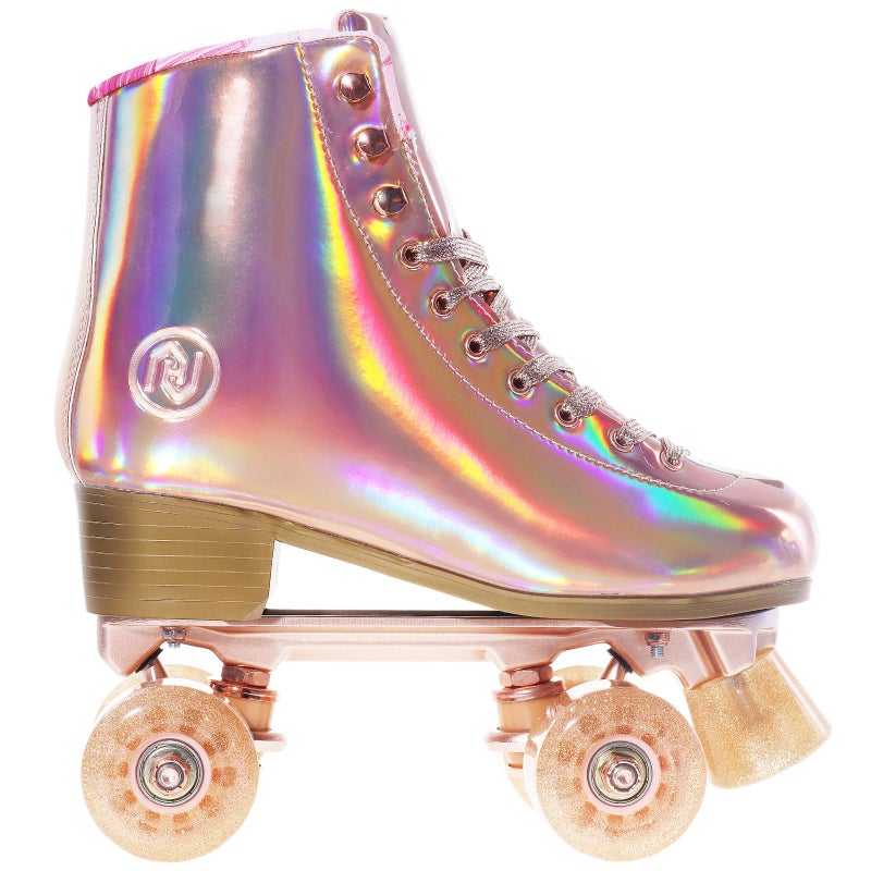 JajaHoho Roller Skates for Women, Holographic High Top PU Leather Rollerskates, Shiny Double-Row Four Pink Glitter Wheels Quad Skates Aluminum Baseplate Indoor Outdoor (Size 9, Rose Gold Professional) - Image 5