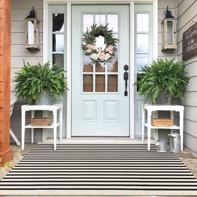 IOHOUZE Black Beige Striped Rug -4'x6' Front Door Rugs Outdoor, Washable Area Rug for Double Front Porch, Large Patio Rug Outdoor Indoor, Doormat for Entryway Porch Entrance - Image 1