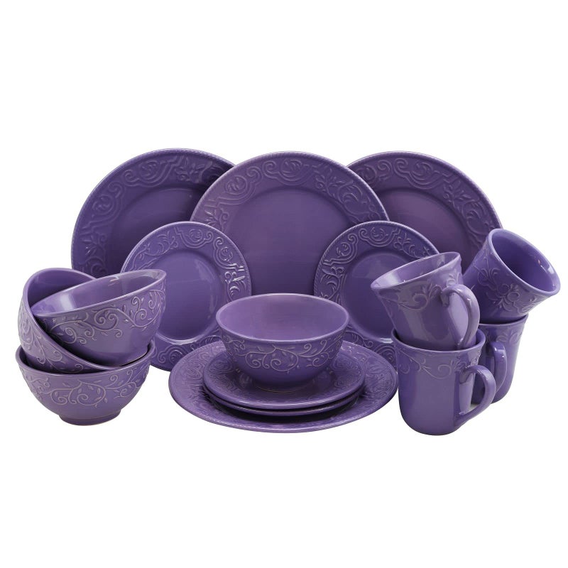 Elama Embossed Stoneware Elegant Round Dinnerware Dish Set 16 Piece Set Lilac Purple
