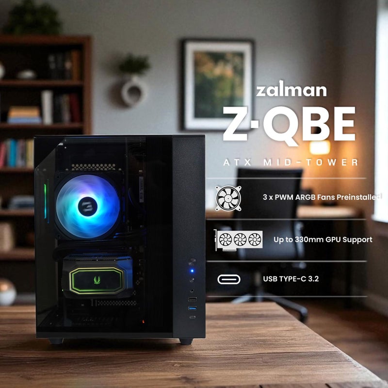 ZALMAN صندوق كمبيوتر Zalman ZQBE ATX Mid Tower، 3 مراوح PWM ARGB مع وحدة تحكم RGB متعددة المنافذ، USB Type-C 3.2، دعم مبرد 240mm، لوحات زجاجية مقسّاة بانورامية كاملة العرض، أسود - Image 3
