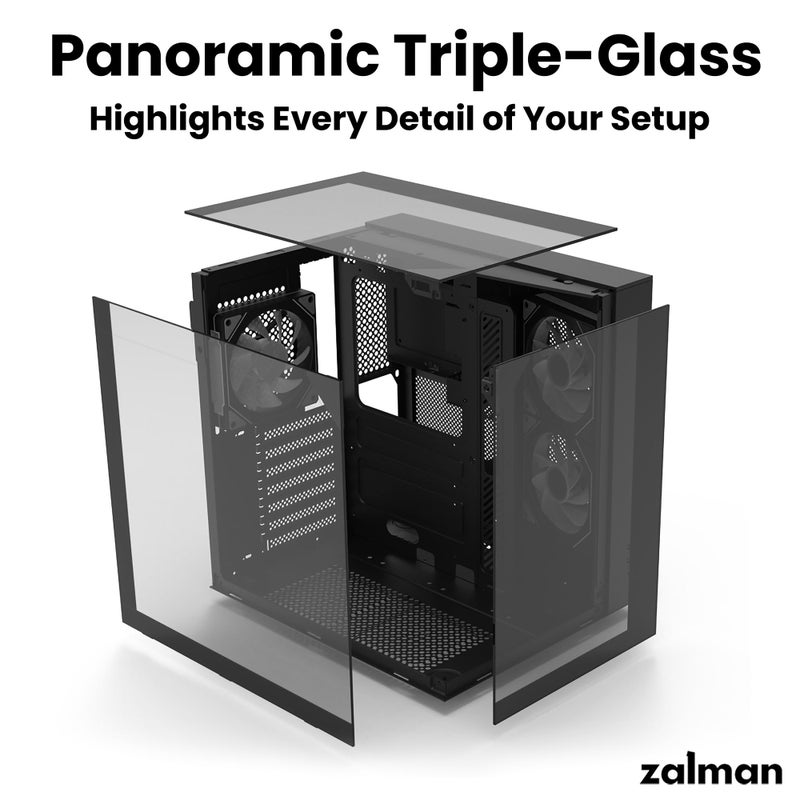 ZALMAN صندوق كمبيوتر Zalman ZQBE ATX Mid Tower، 3 مراوح PWM ARGB مع وحدة تحكم RGB متعددة المنافذ، USB Type-C 3.2، دعم مبرد 240mm، لوحات زجاجية مقسّاة بانورامية كاملة العرض، أسود - Image 5