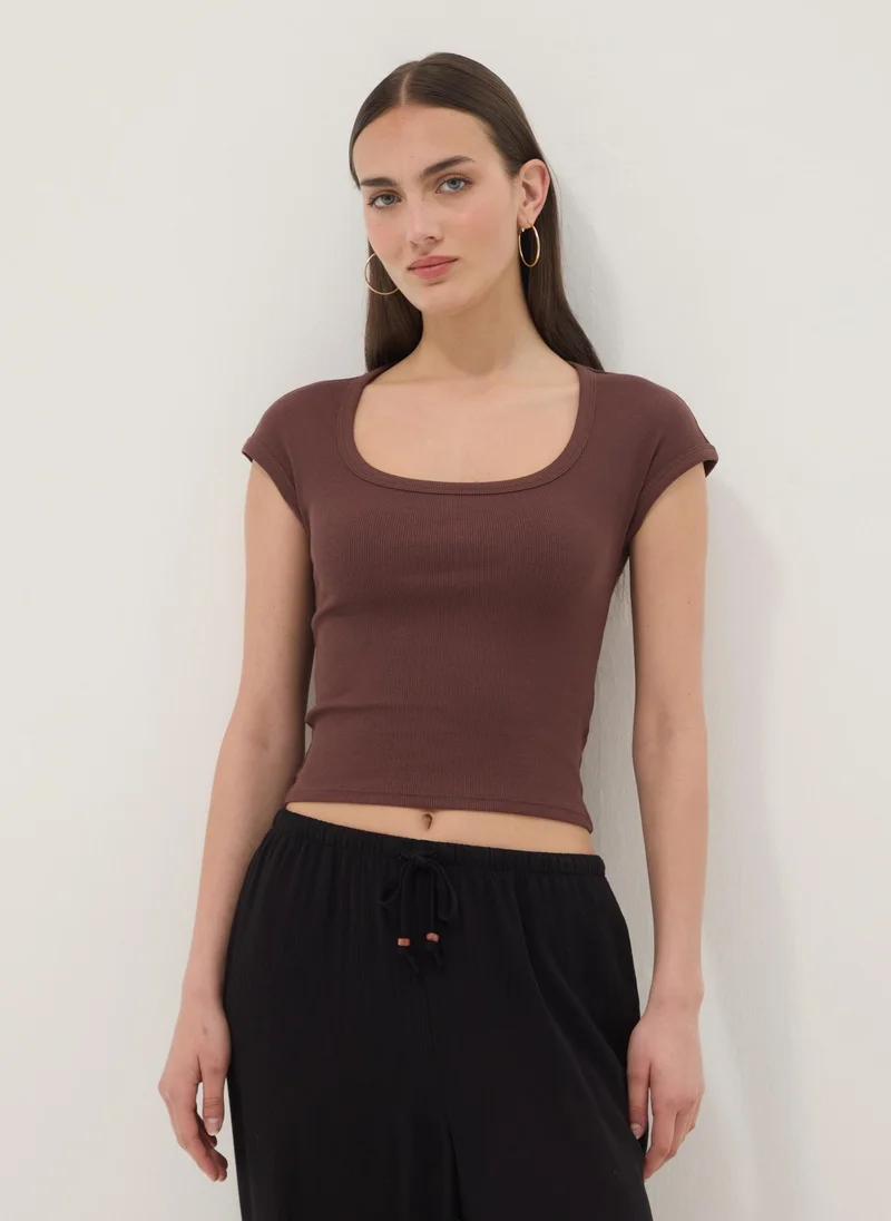Ovs OVS Brown Short-Sleeve Stretch-Cotton T-Shirt