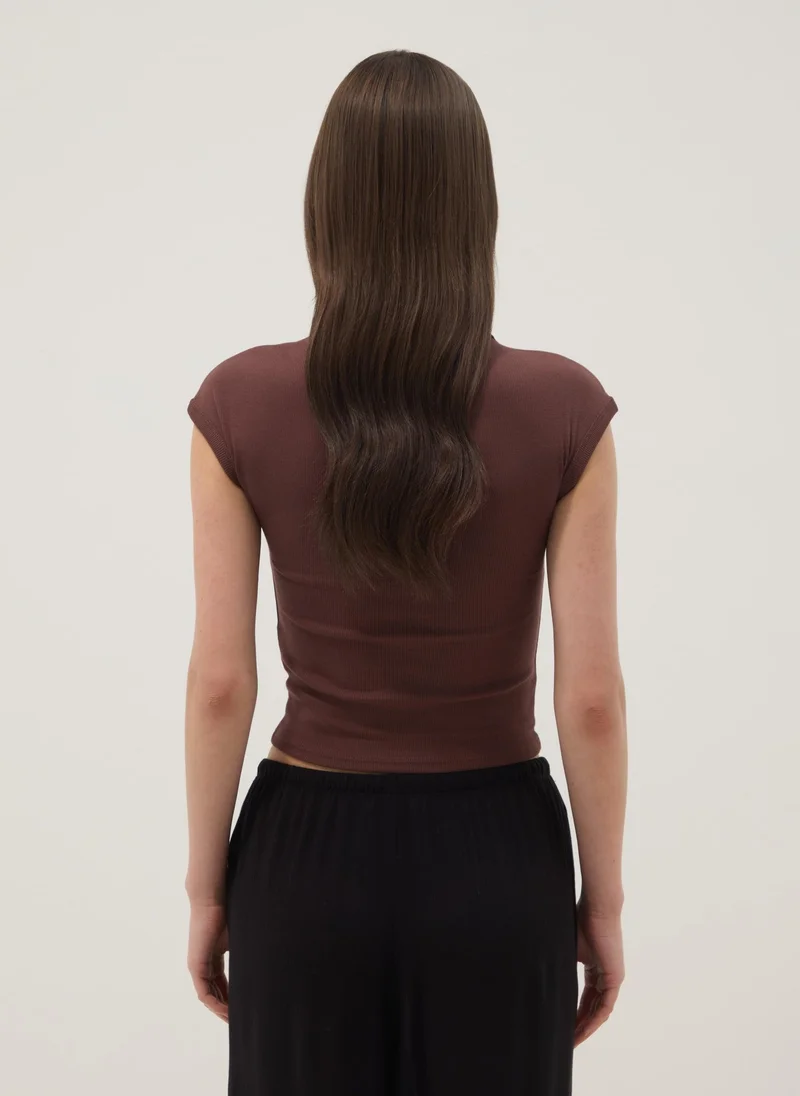 Ovs  OVS Brown Short-Sleeve Stretch-Cotton T-Shirt for Women | Best Price UAE