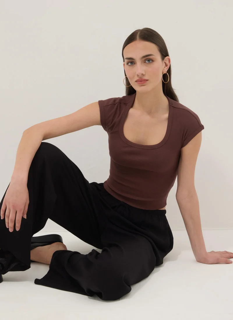 Ovs  OVS Brown Short-Sleeve Stretch-Cotton T-Shirt for Women | Best Price UAE