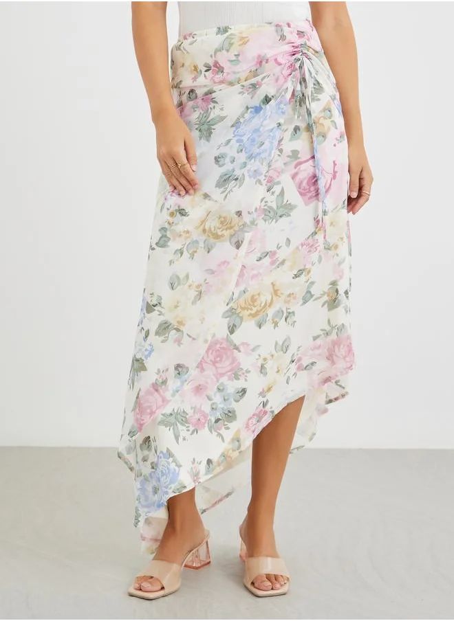 ستايلي Styli Floral Print Side Ruched Asymmetric Hem Maxi Skirt