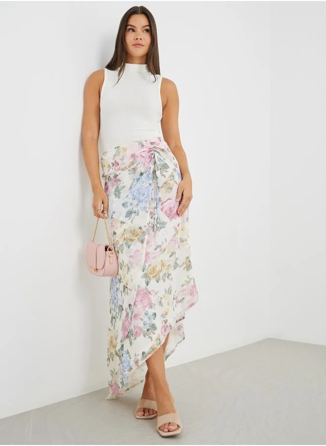ستايلي Styli Floral Print Side Ruched Asymmetric Hem Maxi Skirt