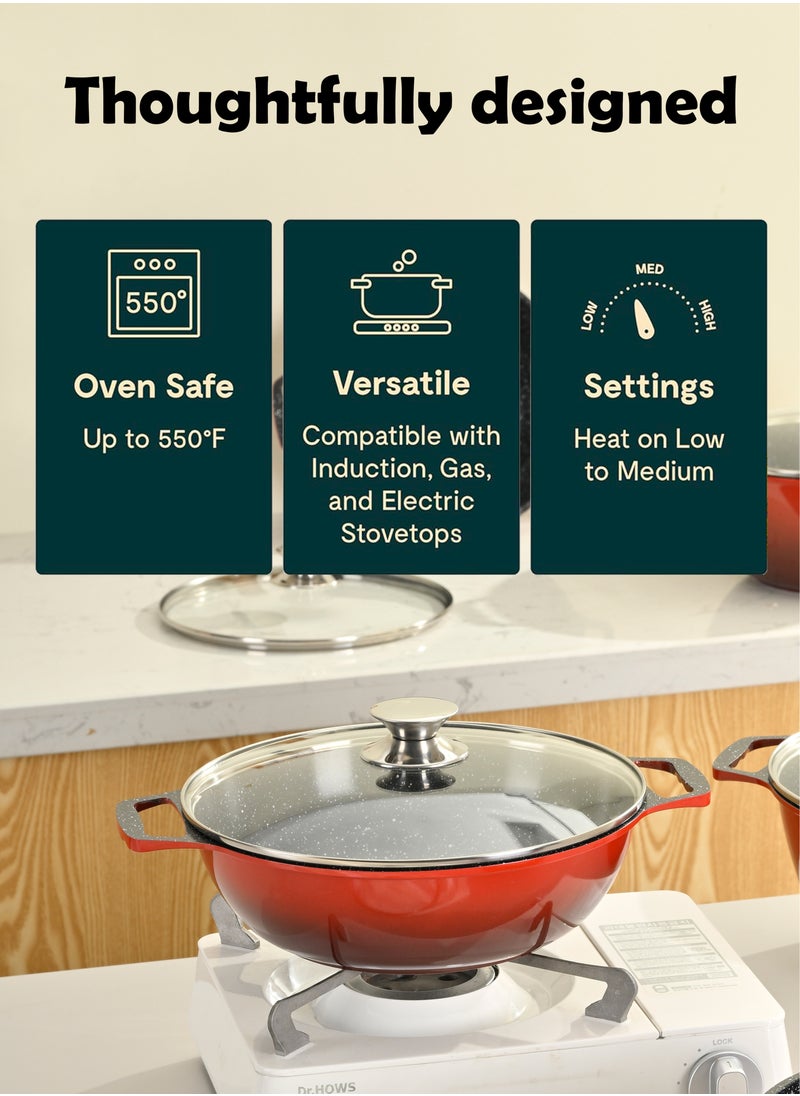 X spring 10-piece Granite Non-stick Cookware Set, 100% PFOA/PFO Free, 24/26/28/30cm Deep Stockpot + 28cm Shallow Stockpot, Scald-proof Handle and Tempered Glass Lid, Multi-person Cooking Kitchenware (Red)  - Image 3