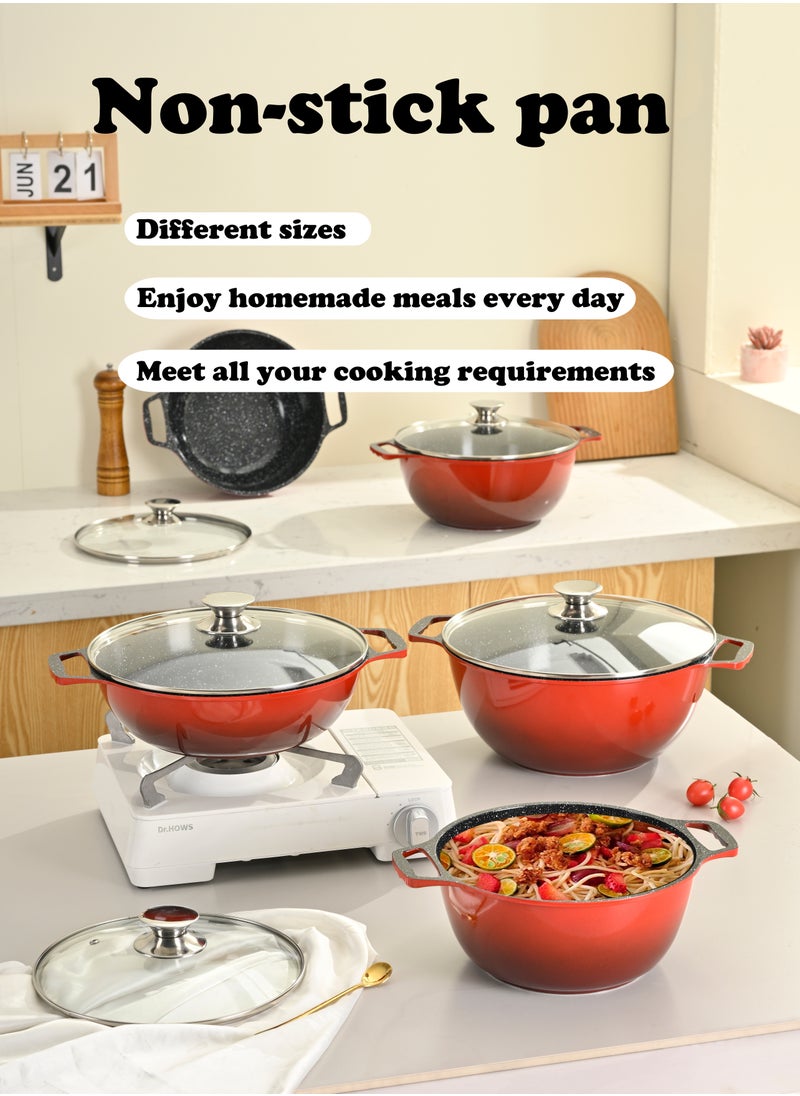 X spring 10-piece Granite Non-stick Cookware Set, 100% PFOA/PFO Free, 24/26/28/30cm Deep Stockpot + 28cm Shallow Stockpot, Scald-proof Handle and Tempered Glass Lid, Multi-person Cooking Kitchenware (Red)  - Image 2