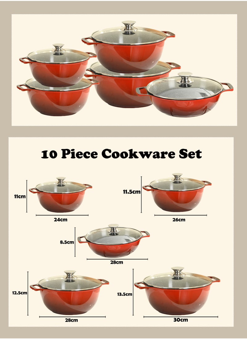 X spring 10-piece Granite Non-stick Cookware Set, 100% PFOA/PFO Free, 24/26/28/30cm Deep Stockpot + 28cm Shallow Stockpot, Scald-proof Handle and Tempered Glass Lid, Multi-person Cooking Kitchenware (Red)  - Image 4