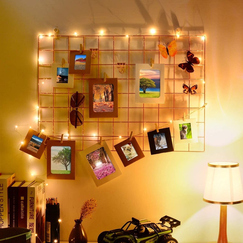 CreativeBuzz Steel Grid Photo Frame For Wall With 10 Wooden Deginer Clips Photo frame grid DIY Mesh Wire Frame Grid Of Metal Hanging Aesthetic Moments Photo Wall Dcor for Home Living Room and office Pink - Image 3