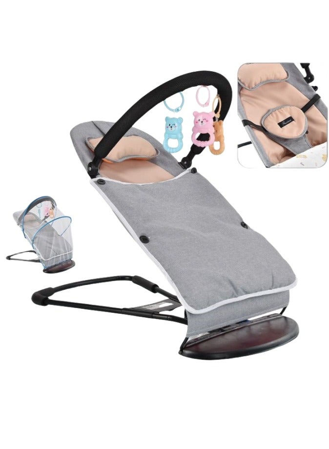 Favarey Baby Bouncer Rocker Chair 0-12 Months with 3-Point Harness 4 Adjustable Heights - Includes Detachable Quilt Pillow Toy Rack & Mosquito Net - Portable Infant Seat Newborn Bouncer and Rocking Swing - Image 1