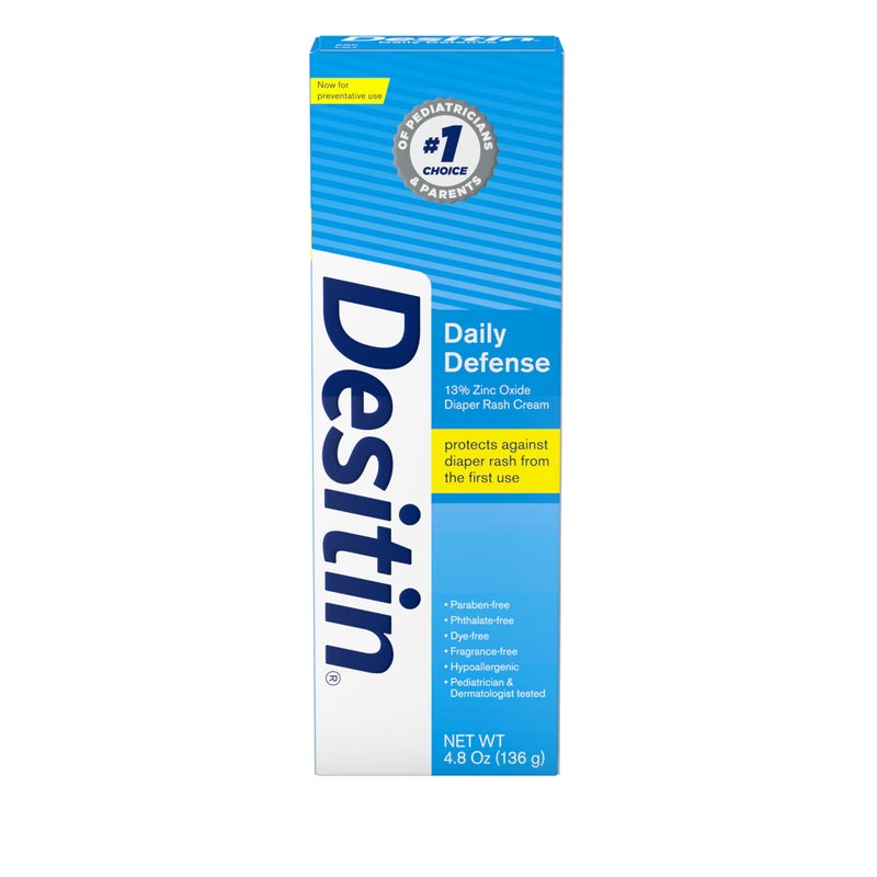 Desitin كريم ديسيتين للدفاع اليومي لعلاج طفح الحفاضات للأطفال مع أكسيد الزنك لعلاج وتخفيف ومنع طفح الحفاضات، خالي من المواد المسببة للحساسية، خالي من الأصباغ والفثالات والبارابين، 4.8 أونصة - Image 1