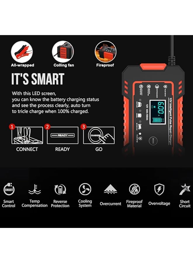 Car Battery Charger, 12V/6A Smart Fully Automatic Car Battery Charger/Maintainer With Temperature Compensation And Lcd Screen For Car/Truck/Motorcycle/Lawn Mower/Marine/Lead Acid Batteries - Image 2