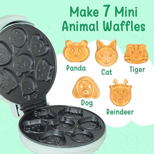 Primalite Animal Waffle Maker Machine for Kids- 700 Watts - Make 7 Fun & Cool Panda, Cat, Dog, Tiger & Reindeer Shaped Waffles or Pancakes | Unique Gift Idea | Electric Non-Stick Iron - Mint Green - Image 2