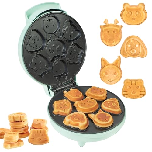 Primalite Animal Waffle Maker Machine for Kids- 700 Watts - Make 7 Fun & Cool Panda, Cat, Dog, Tiger & Reindeer Shaped Waffles or Pancakes | Unique Gift Idea | Electric Non-Stick Iron - Mint Green - Image 1