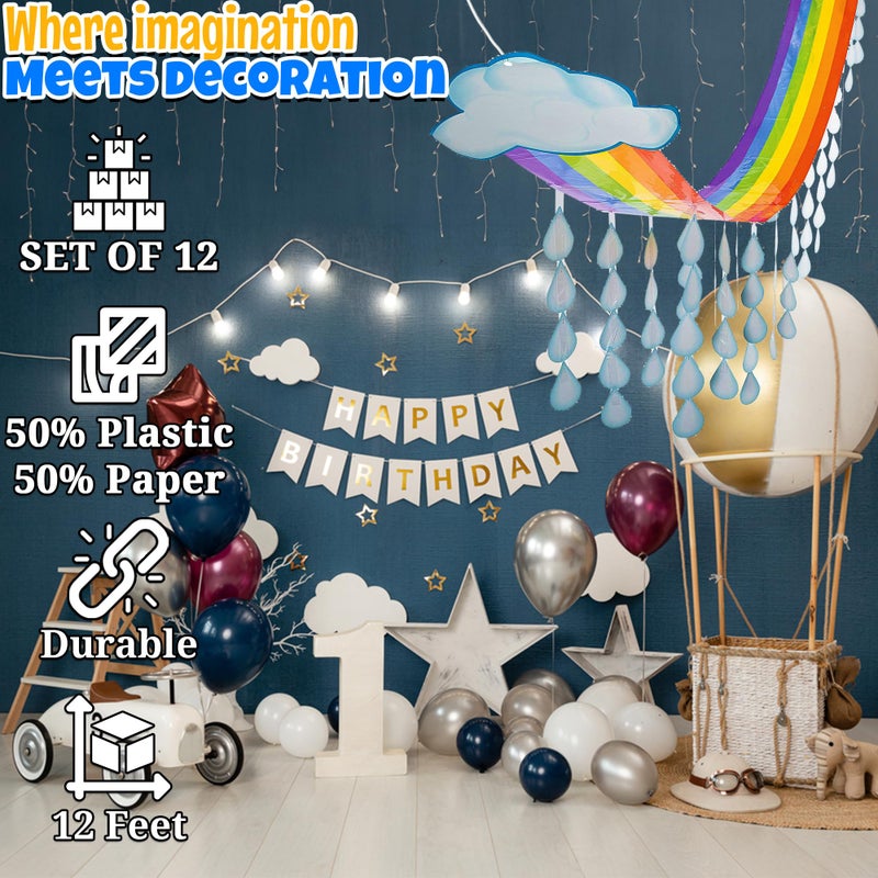 Fun Express Rainbow and Cloud Ceiling Decorations Hanging - 12-Foot Rainbow Ceiling Clouds with Rain Drops - Easy to Install Elevate Any Room with a Colorful Hanging Rainbow Clouds Decorations Party - Image 2